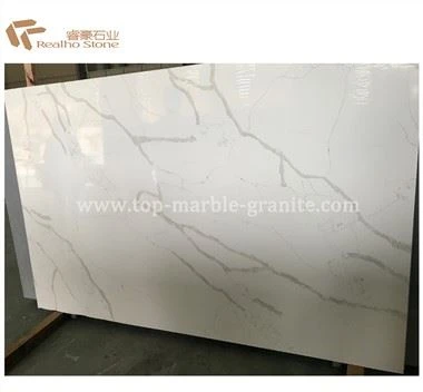 แผ่นควอตซ์สีขาว Calacatta ขัดเงาสำหรับเคาน์เตอร์ครัว